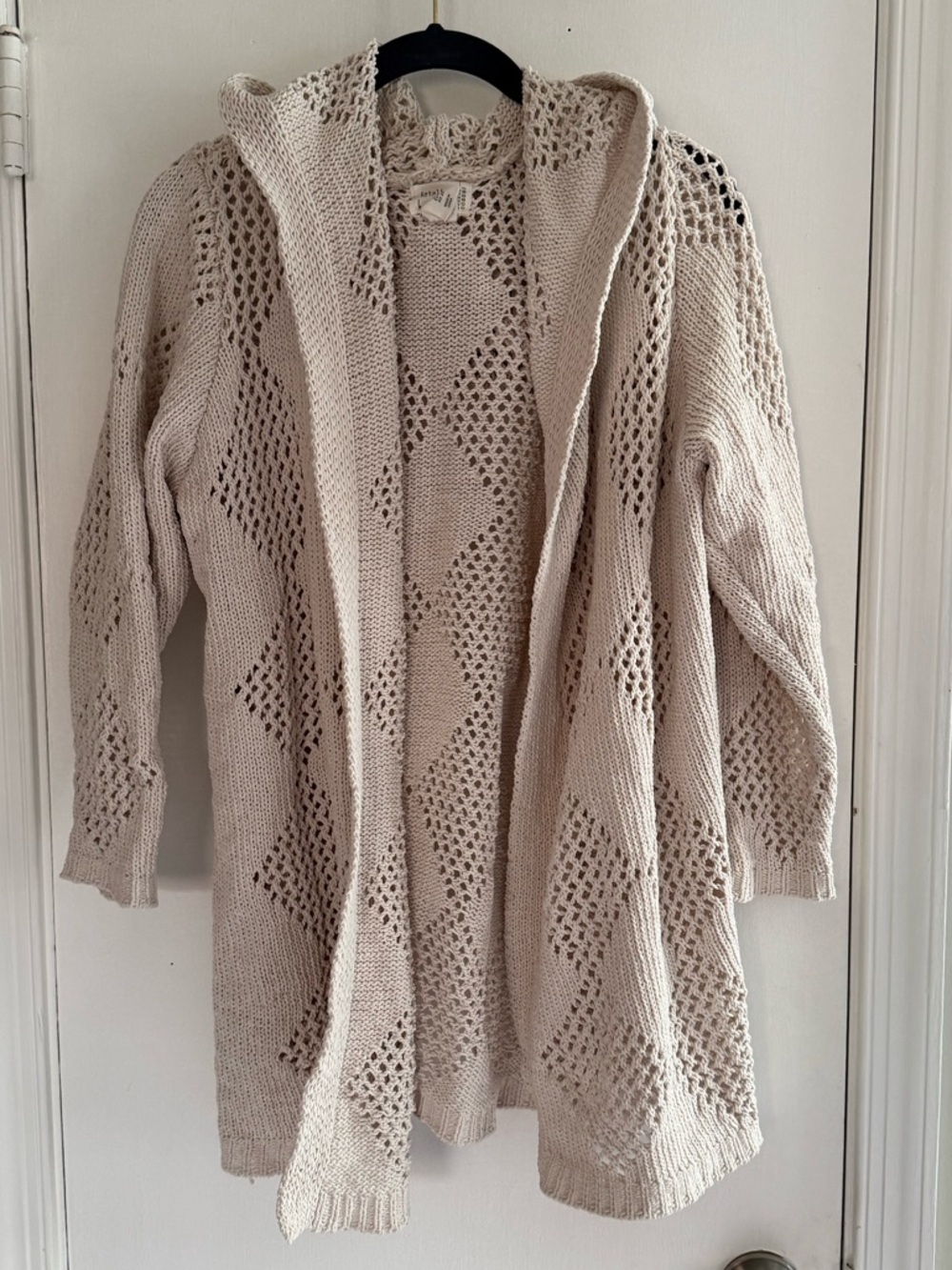Hooded Open-Knit Cardigan Sweater in Cream Size 1X